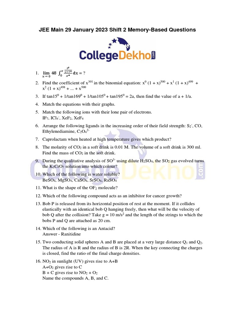 Jee Main 30 January 2023 Shift 1 Memory Based Questions | PDF ...