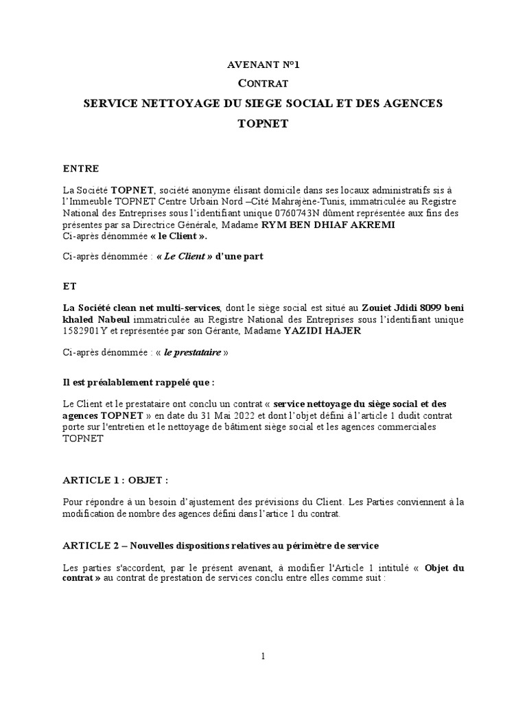 Avenant 1 Cleannet-Multiservices | PDF