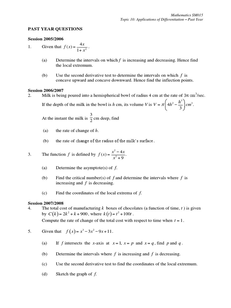 Differentiation Applications: Past Exam Questions | PDF | Derivative ...