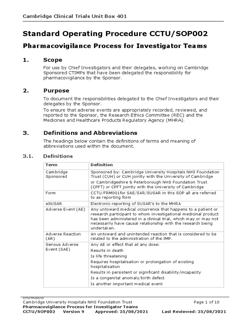 Pharmacovigilance process for investigator teams adverse event