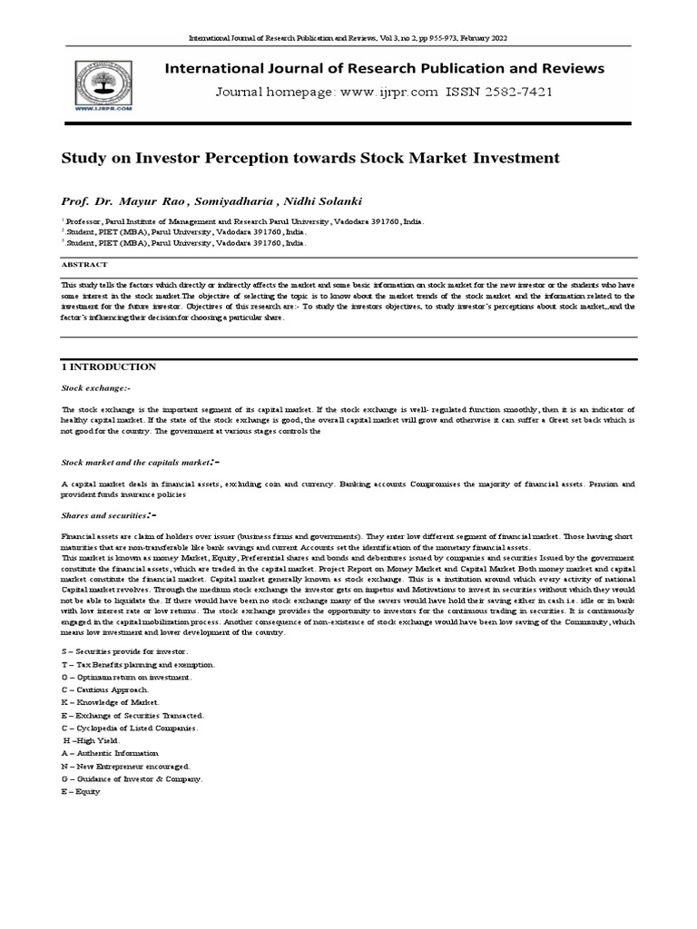 Ijrpr2741 Study On Investor Perception Towards Stock Market Investment PDF Stocks