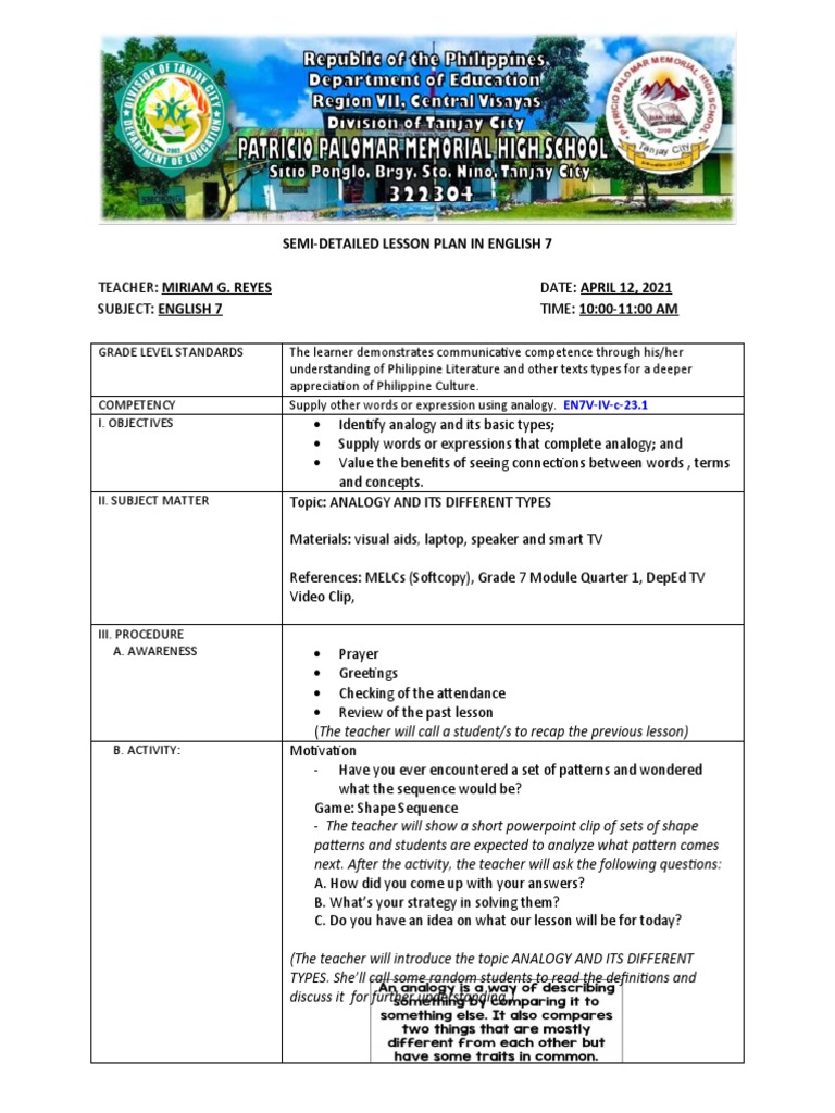 Grade 7 Analogy Lesson Plan | PDF | Analogy | Cognition