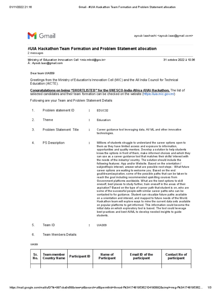 Gmail uia hackathon team formation and problem statement allocation