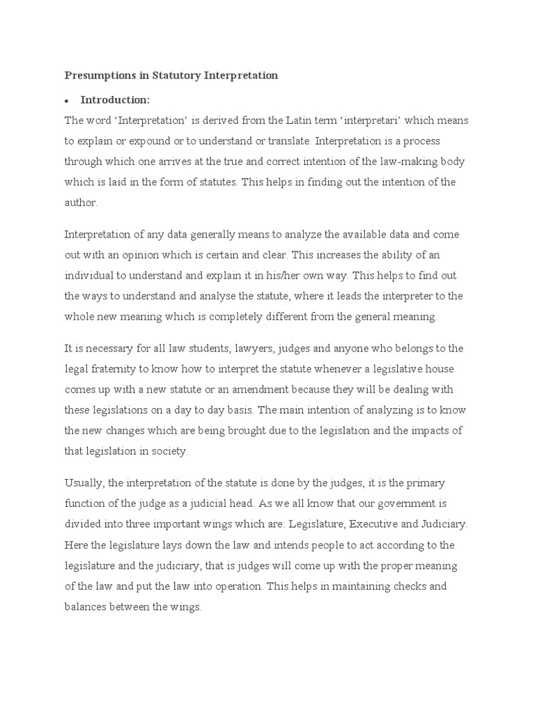 Presumptions in Statutory Interpretation PDF Statutory