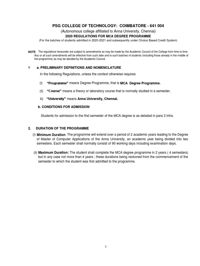 2020 Mca Regulation Sc Final Pdf Thesis Course Credit