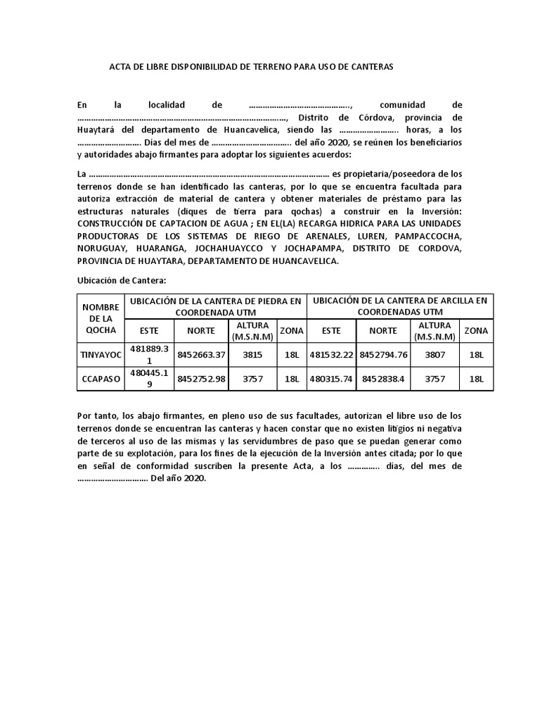 Acta de Uso de Terreno para Canteras | PDF