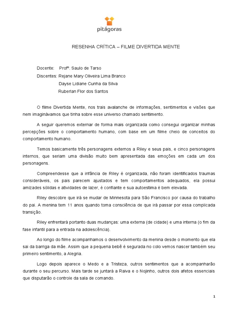 Resenha Crítica: Divertida Mente | PDF | Emoções | Sentimento