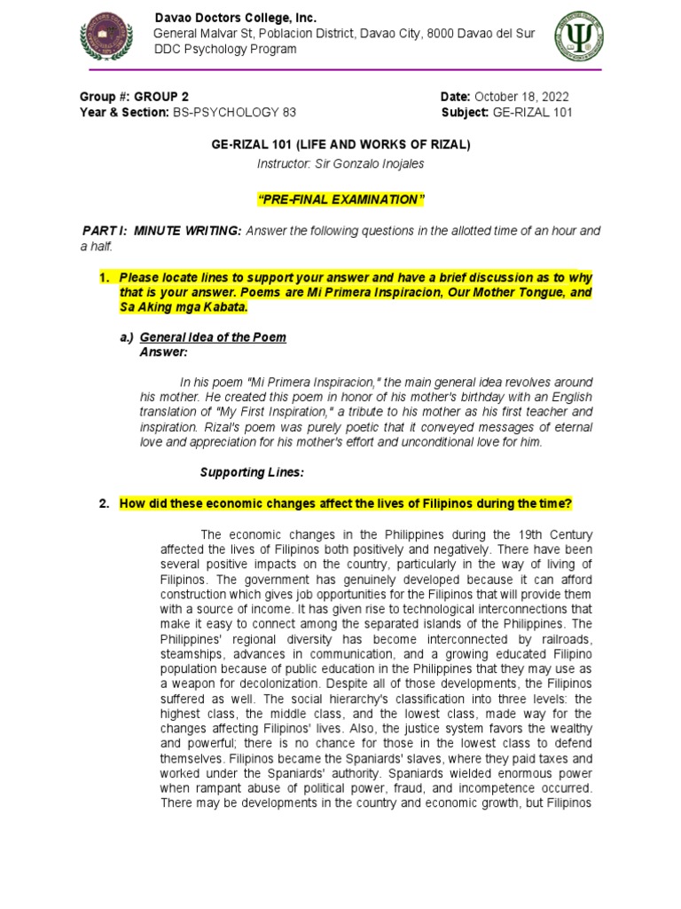 Davao Doctors College Psychology Program Exam Focuses on Rizal's Poems