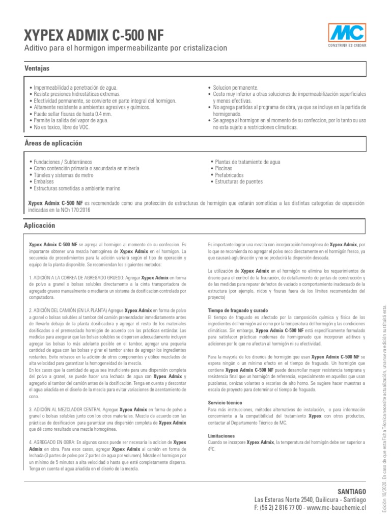 Xypex Admix C500 NF PDF Hormigón Agua