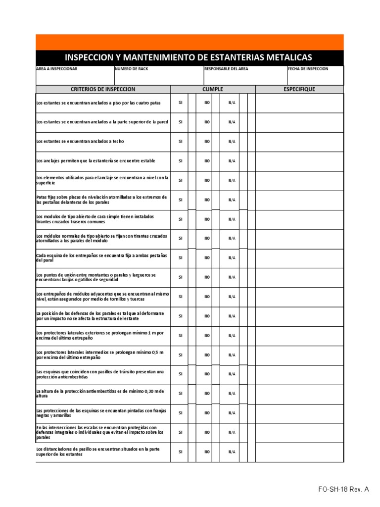 Inspeccion y Mantenimiento de Estanteria Metalica | PDF | Bienes ...