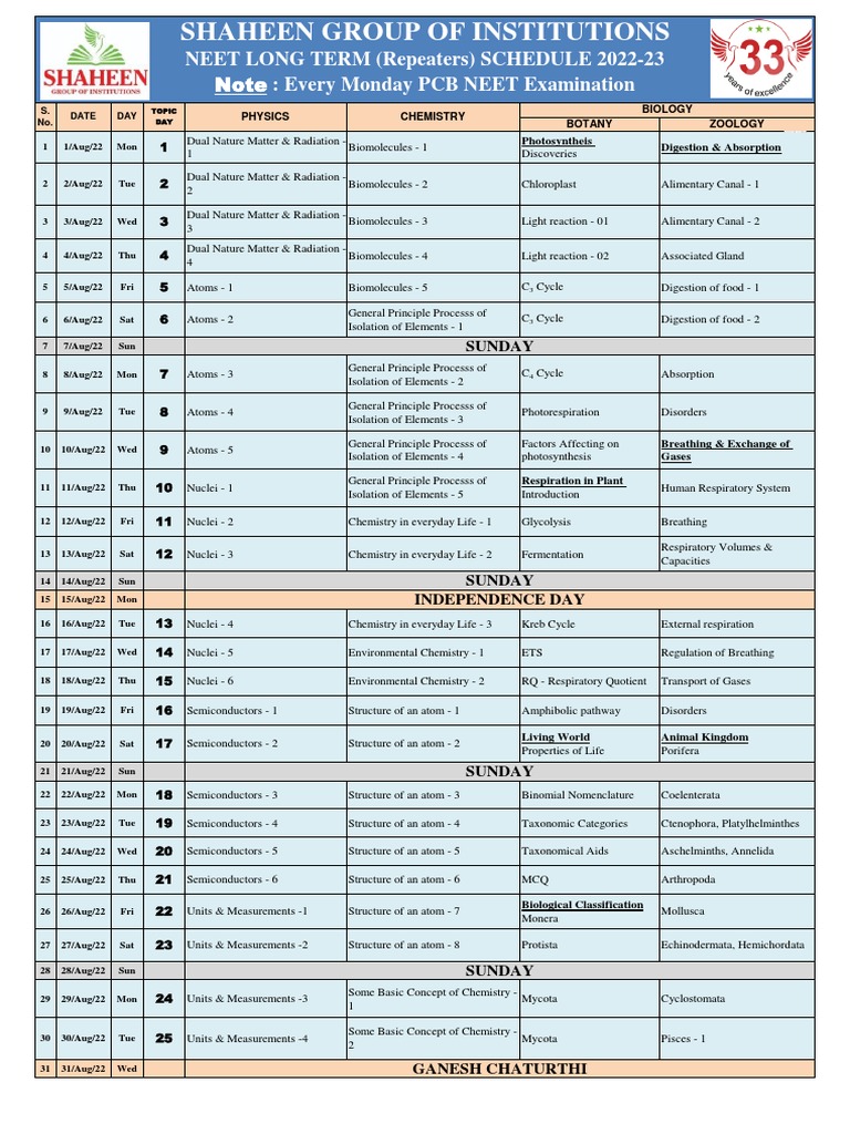 (180 Days) Neet Long Term (Repeaters) 2022 2023 Schedule.. PDF