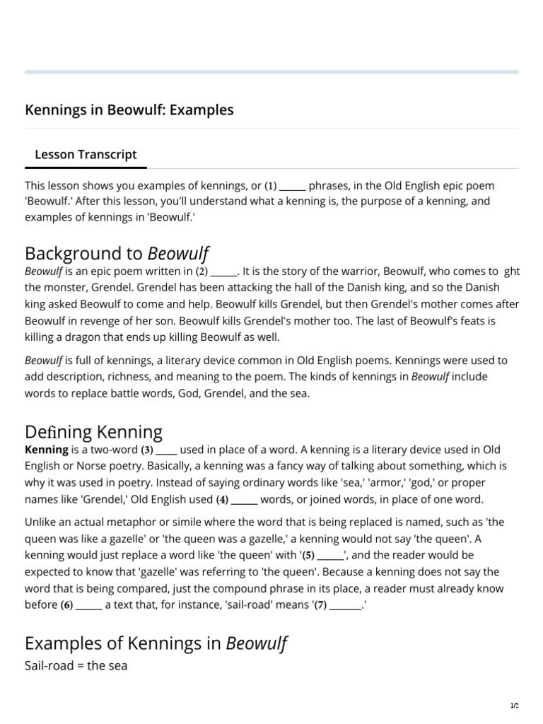 Kennings in Beowulf Examples (Cloze) PDF Beowulf