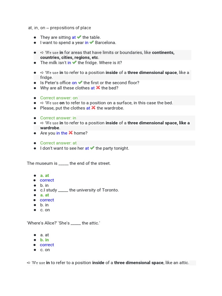 At In On Prepositions Of Place Pdf