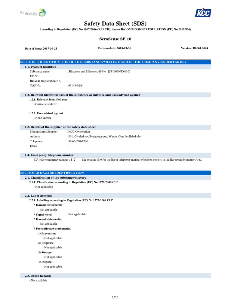 Hds Silicone Sf1000nfx010 (10 CST) CJ 16 KG PDF Dangerous Goods