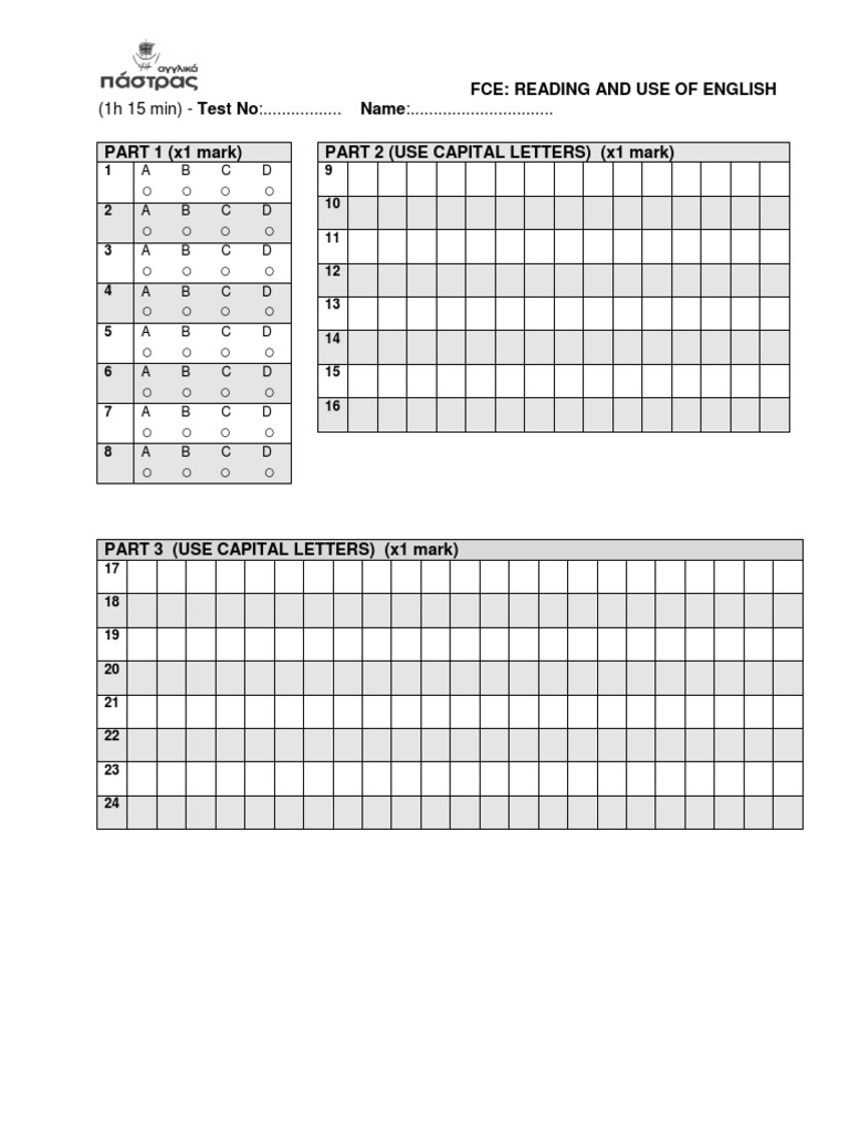 Fce reading and use answer sheet pdf