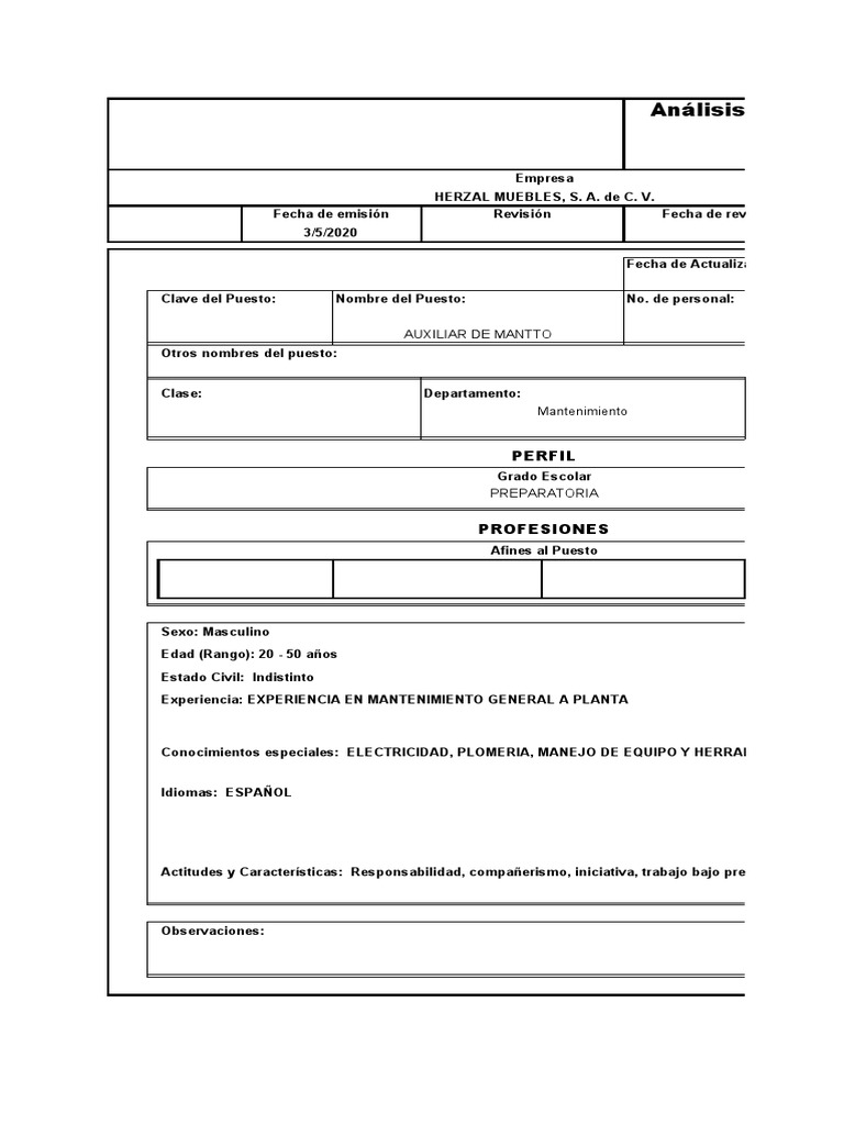 Descripción de Puesto Auxiliar de Mantto | PDF