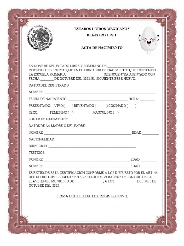 Acta de nacimiento huevo editable pdf