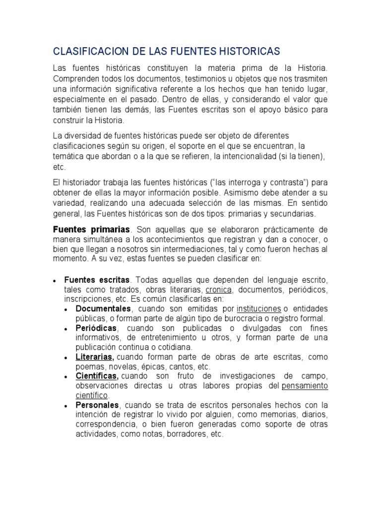 Clasificacion de Las Fuentes Historicas PDF Información Mapa
