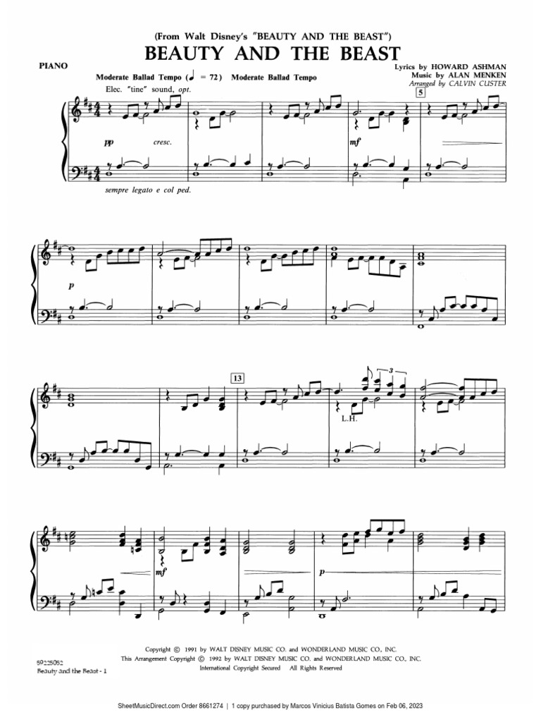 Beauty and the beast arr calvin custer piano pdf
