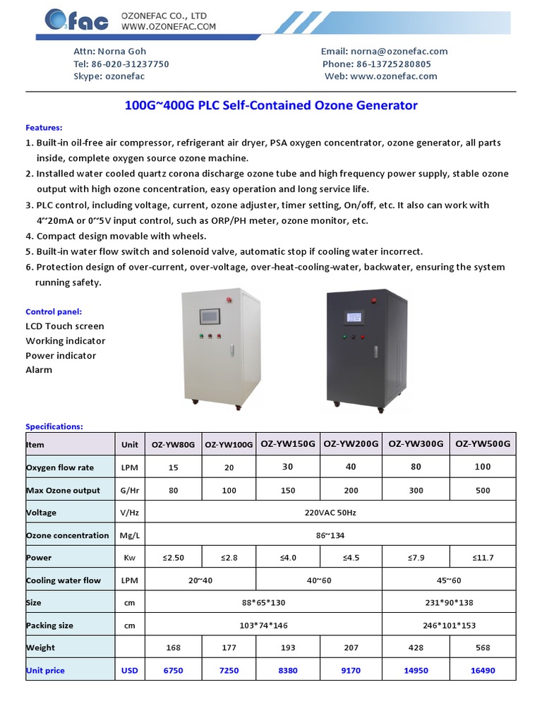 Ozone Facilities Company Product Information SelfContained Oxygen