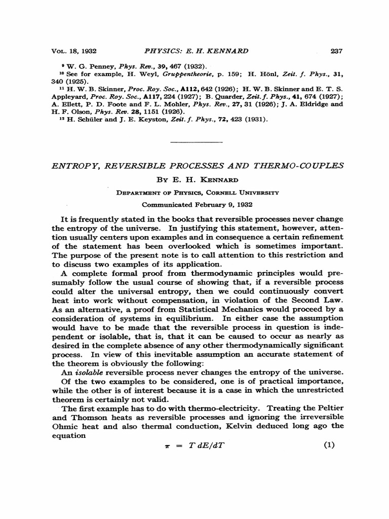 Kennard E.H. Entropy, Reversible Processes and ThermoCouples (1932