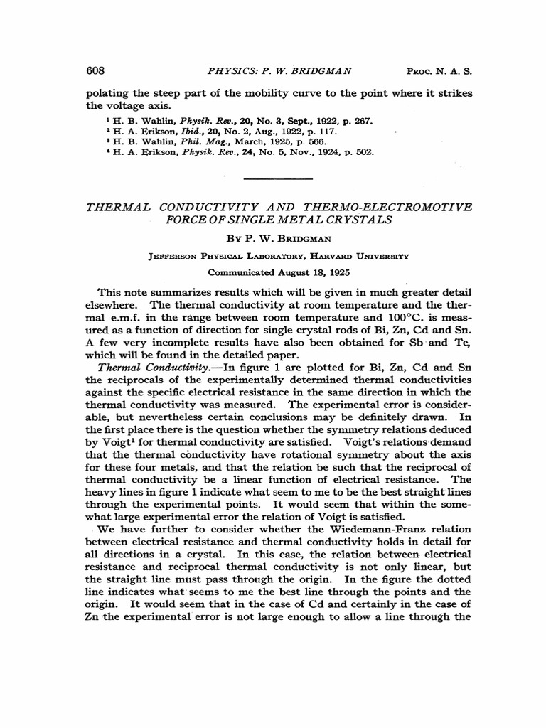 Percy Williams Bridgman Thermal Conductivity and ThermoElectromotive