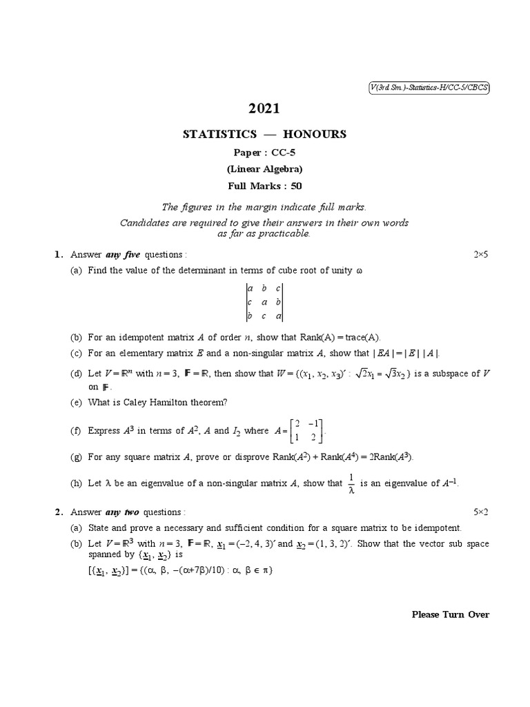 Cbcs bsc hons sem 3 statistics cc 5 linear algebra 10096