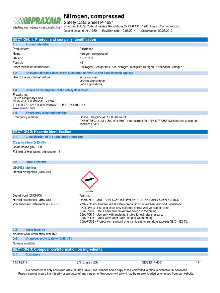 Nitrogen Medipure Extendapak Gas N2 Safety Data Sheet SDS P4631 | PDF ...