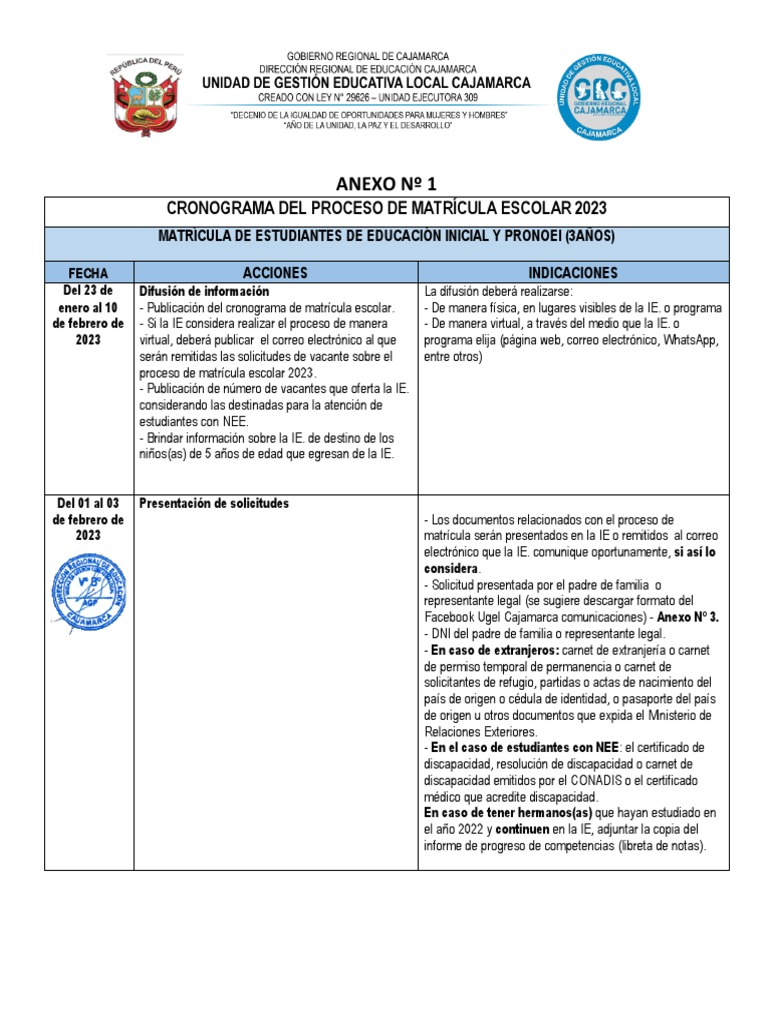 Anexo 1 Cronograma Del Proceso de Matricula 2023 | PDF