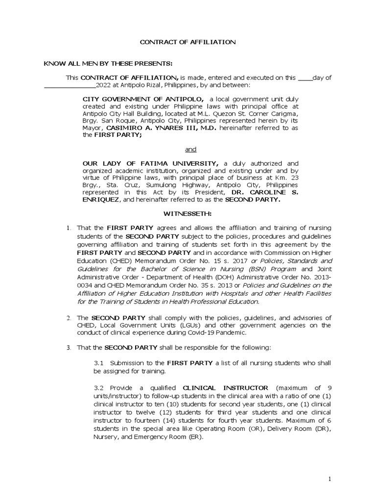 Antipolo Nursing Affiliation Contract | PDF | Nursing | Justice