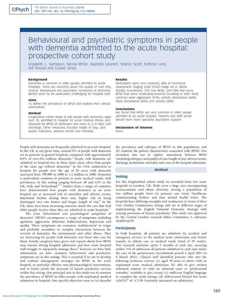 Behavioural And Psychiatric Symptoms In People With Dementia Admitted