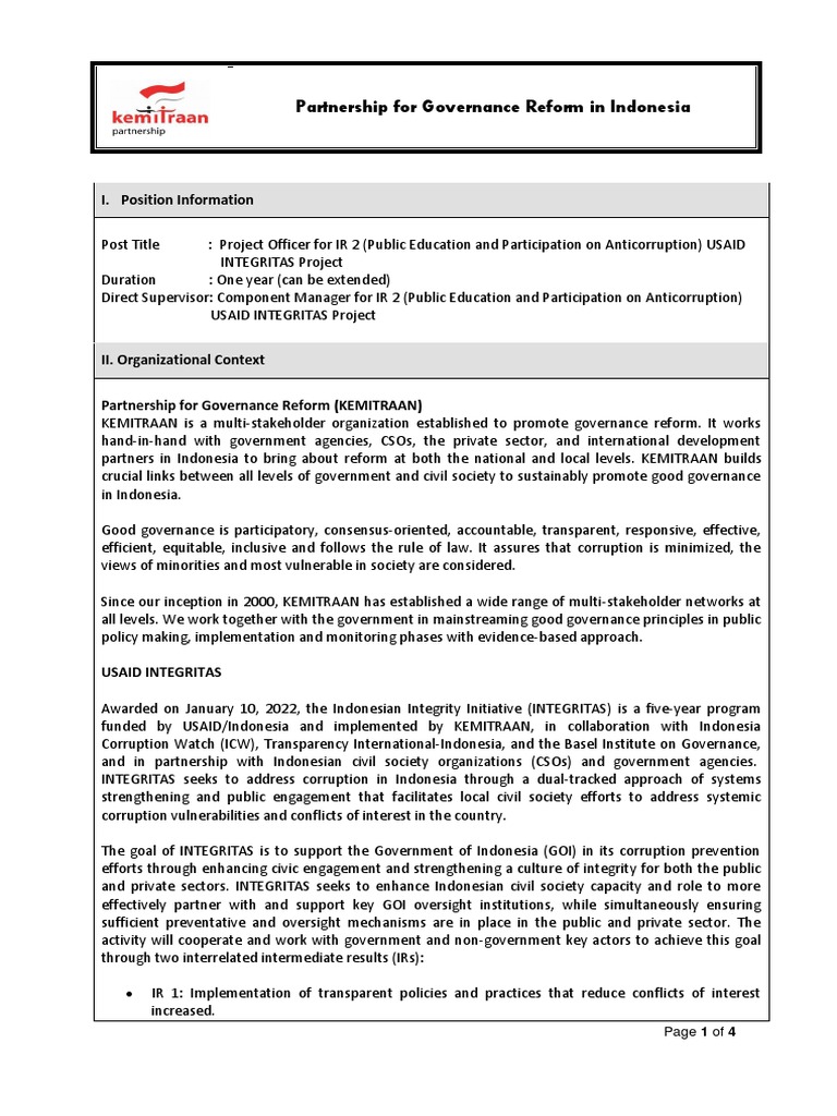 Project Officer for Anti-Corruption Role | PDF | Governance | Goal