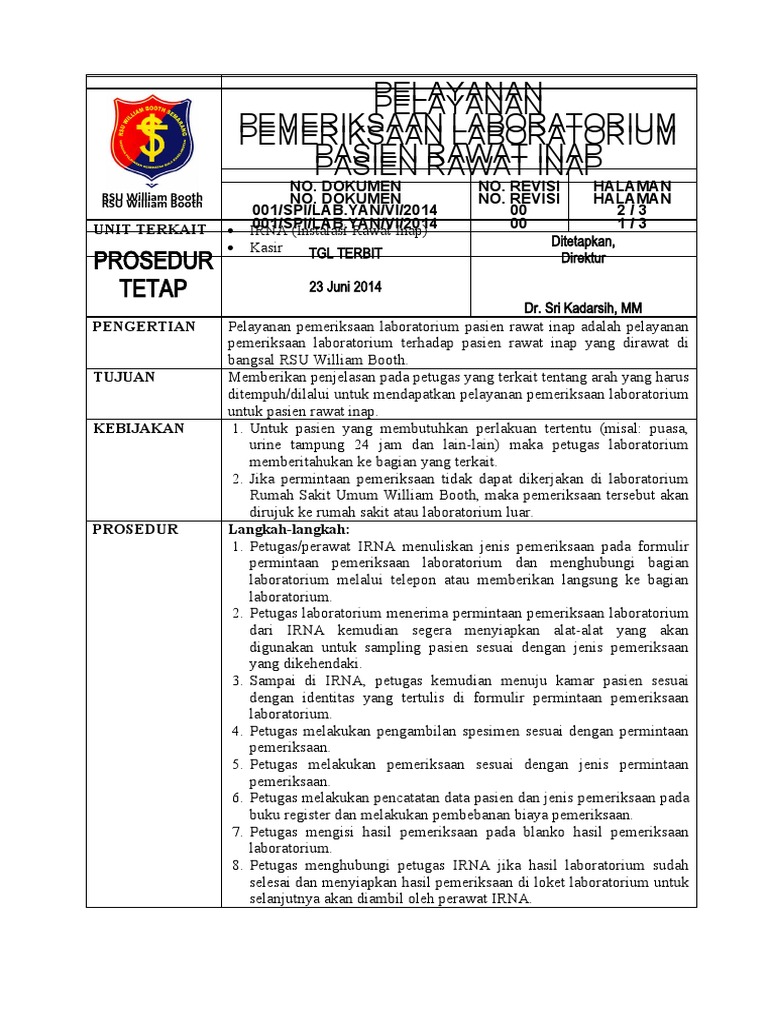 Pelayanan Rutin Pemeriksaan Laboratorium Pasien Rawat Inap | PDF
