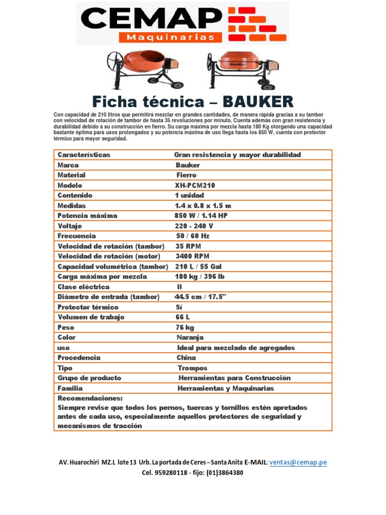 Trompo Mezclador Concreto Bauker Electrico 850w 1 14 HP 210l