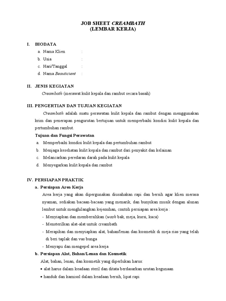 Jobsheet Prosedur Creambath Rambut | PDF