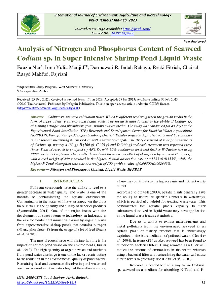 Analysis of nitrogen and phosphorus content of seaweed codium sp in