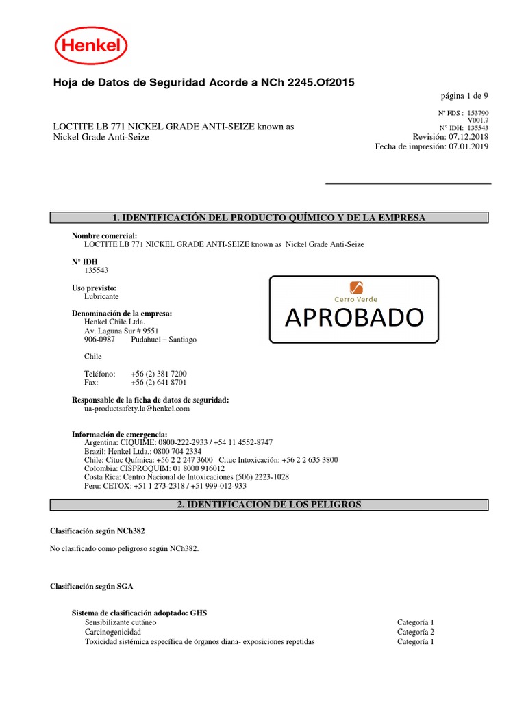 Loctite LB 771 Nickel Grade AntiSeize PDF Dióxido de carbono Agua