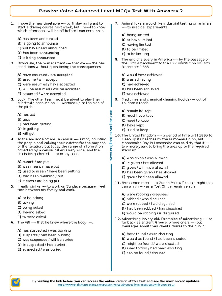 892 Passive Voice Advanced Level Mcqs Test With Answers 2 PDF