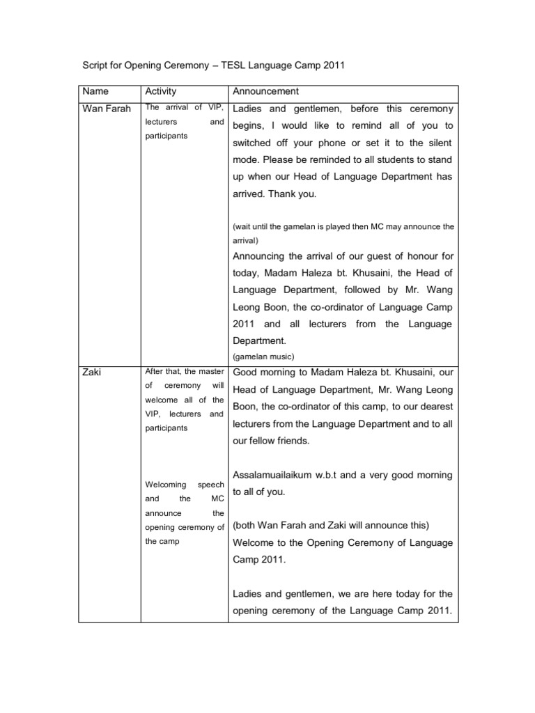 Script for Opening Ceremony