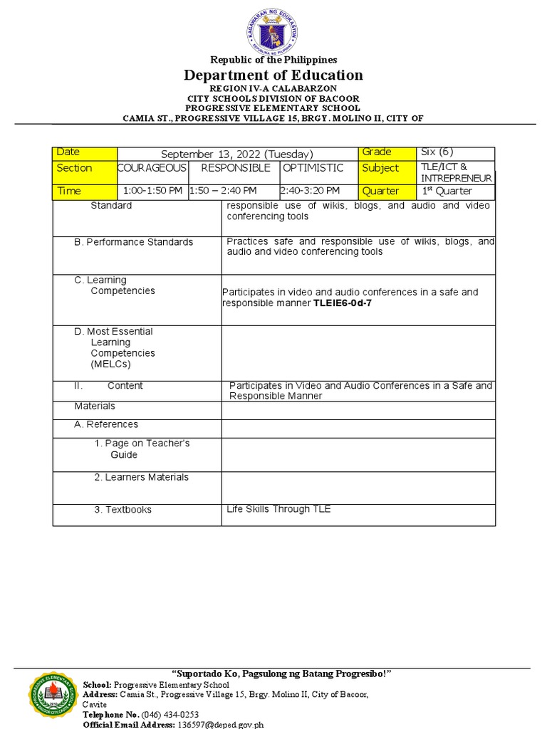 (Week 4 Day 2) Lesson Plan TLE 6 Q1 W1 MELC 1 | PDF | Videotelephony ...