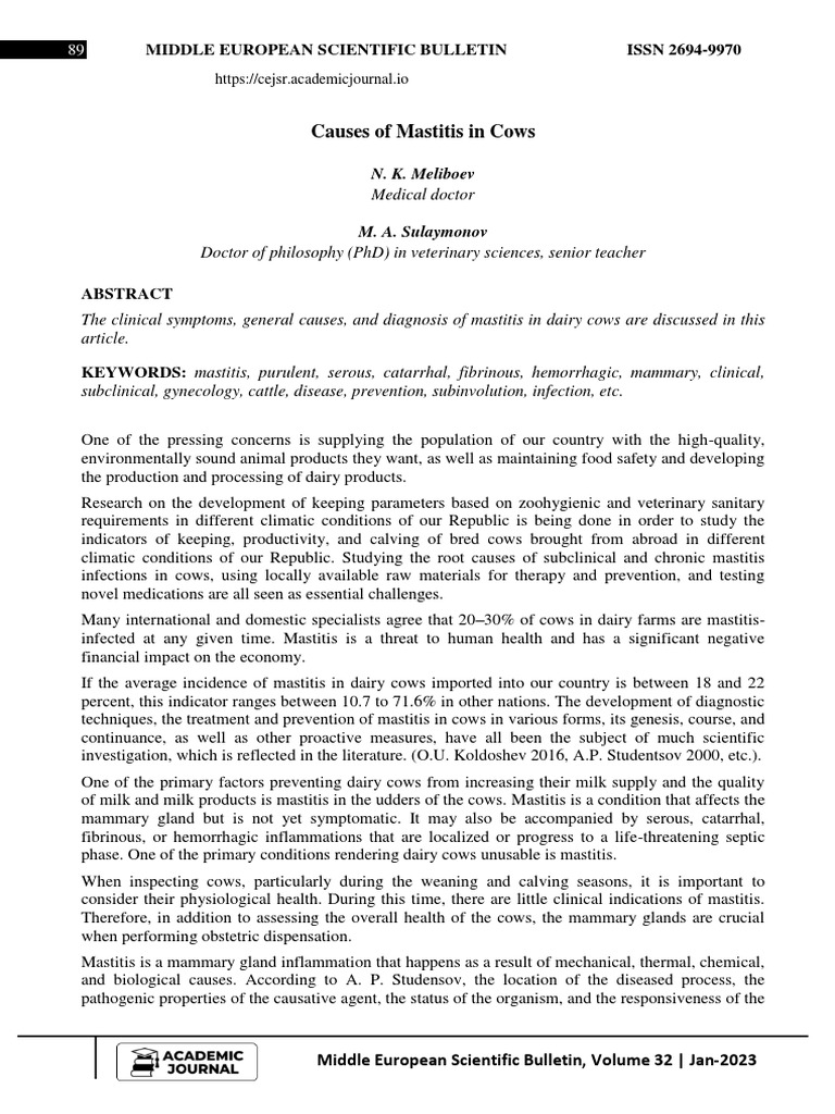 Causes of Mastitis in Cows PDF Cattle Medical Diagnosis