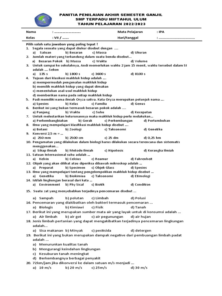 Soal Ipa Kelas 7 Terbaru Pdf