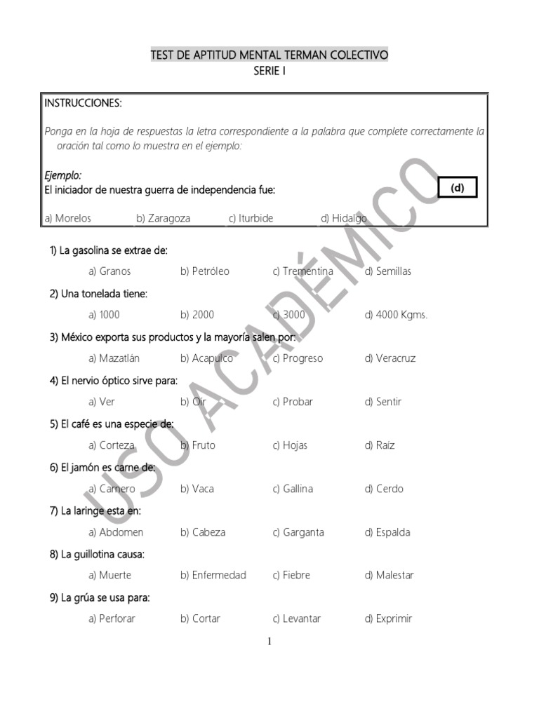 Test de Aptitud Mental Terman Colectivo | PDF