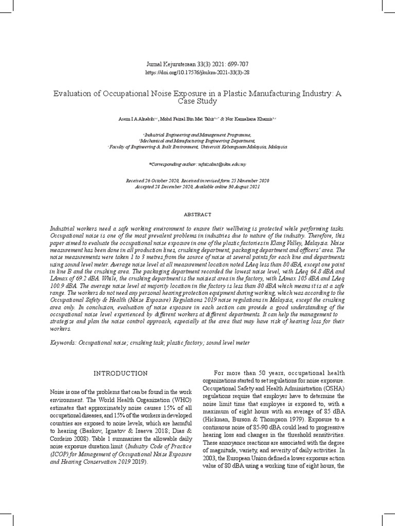 Evaluation of Occupational Noise Exposure in A Plastic Manufacturing