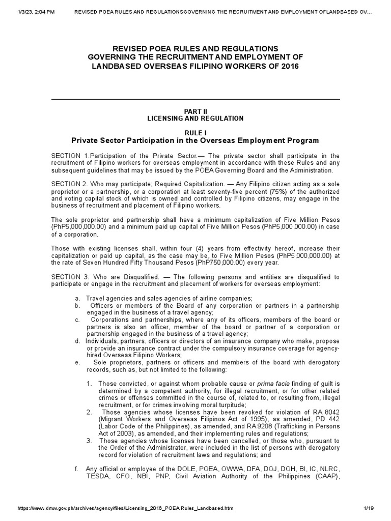 Revised POEA Rules for Land-Based Workers | PDF | Regulatory Compliance ...