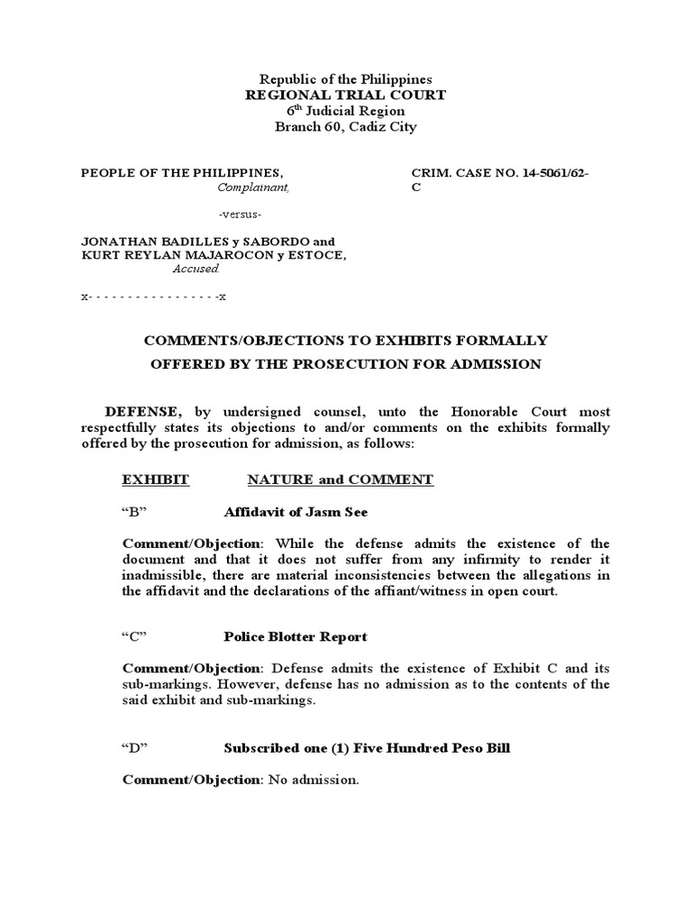 Defense Objections to Prosecution Exhibits | PDF | Affidavit | Criminal ...