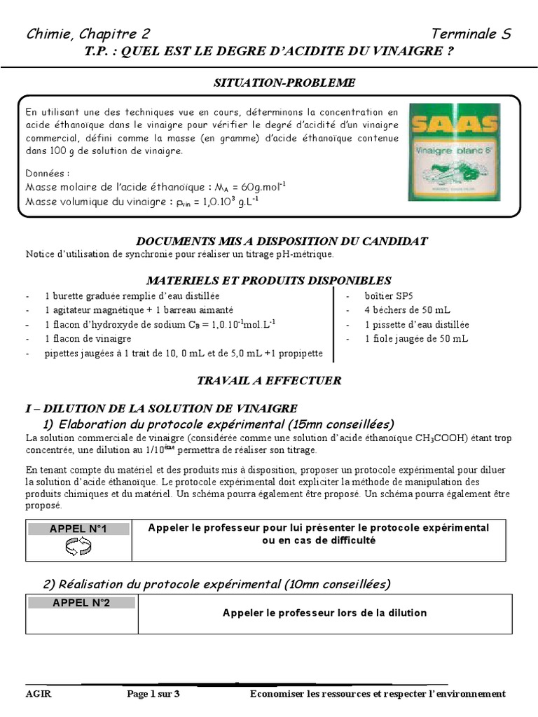 ch2 TP Dosage PH Vinaigre Guide en | PDF | Titrage | Chimie