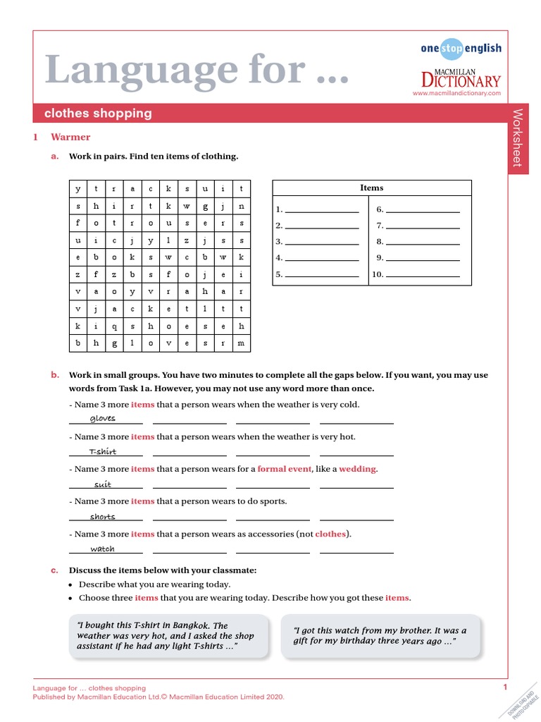 Language For Clothes Shopping Worksheet PDF Noun Verb