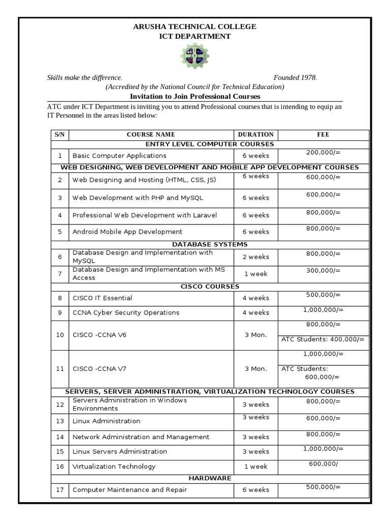 Professional IT Courses at Arusha College | PDF