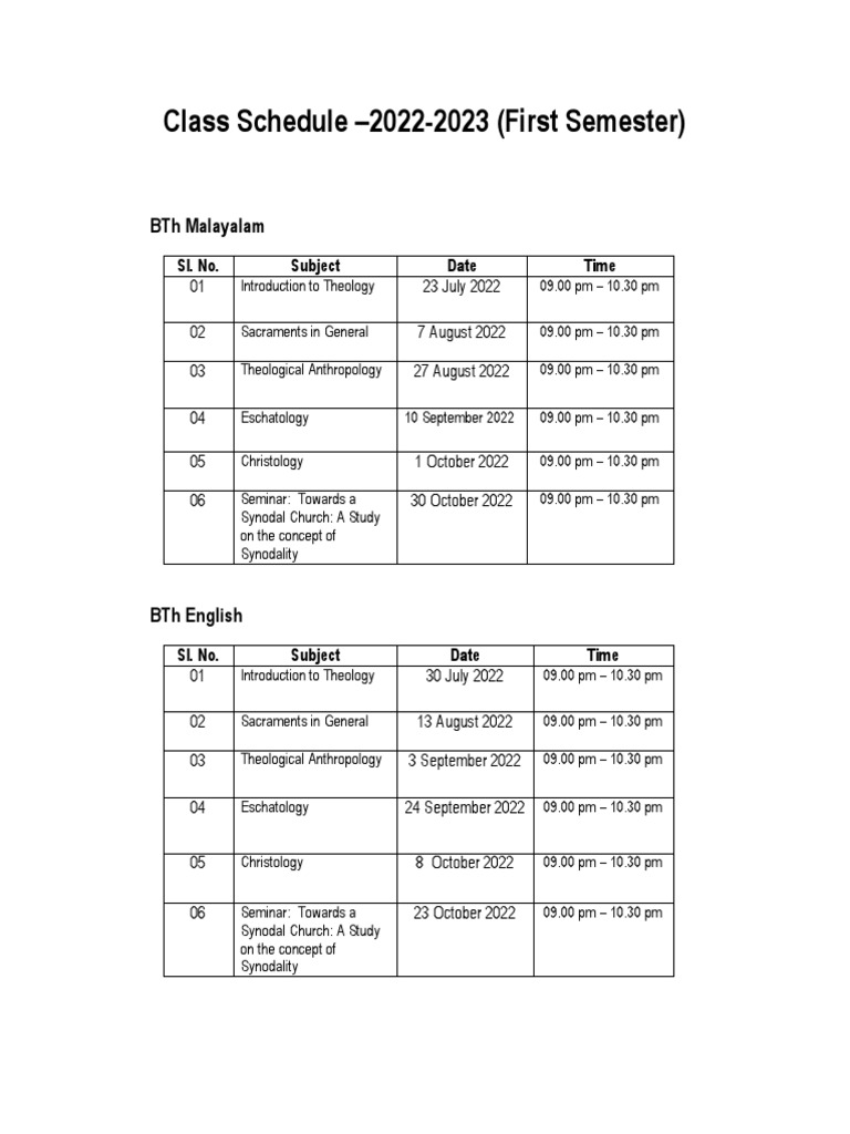 Class Schedule 20222023 First Sem PDF Religious Belief And
